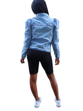 Load image into Gallery viewer, Puff point-Distressed puff sleeve jacket - Khoris Kloset